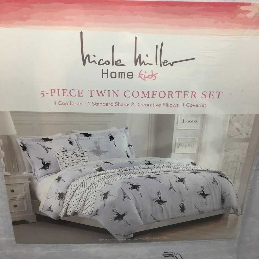 5pc Nicole Miller Ballerina TWIN Comforter Set Lavender Paris Eiffel Tower Black